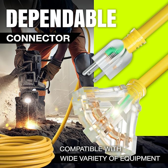 100ft Outdoor/Indoor Extension Cord 3-Outlet 12/3 Gauge Extra Heavy Duty ETL Listed, 3 Prong SJTW, Waterproof, Flexible Cold-Resistant Long Power Cord,15A 125V 1875W, Yellow by LifeSupplyUSA