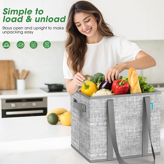 Fab totes Reusable Grocery Bags, Large Foldable Shopping Tote Bags with Reinforced Handles & Hard Bottom,4 Pack, Grey