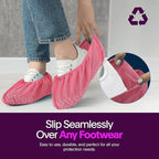 Premium Disposable Boot & Shoe Covers Booties | 100 Pack | Durable, Non-Slip, Non-Toxic, Water Resistant, Recyclable Protectors for Indoor & Outdoor | Large Size Fits Most Shoes (Pink)