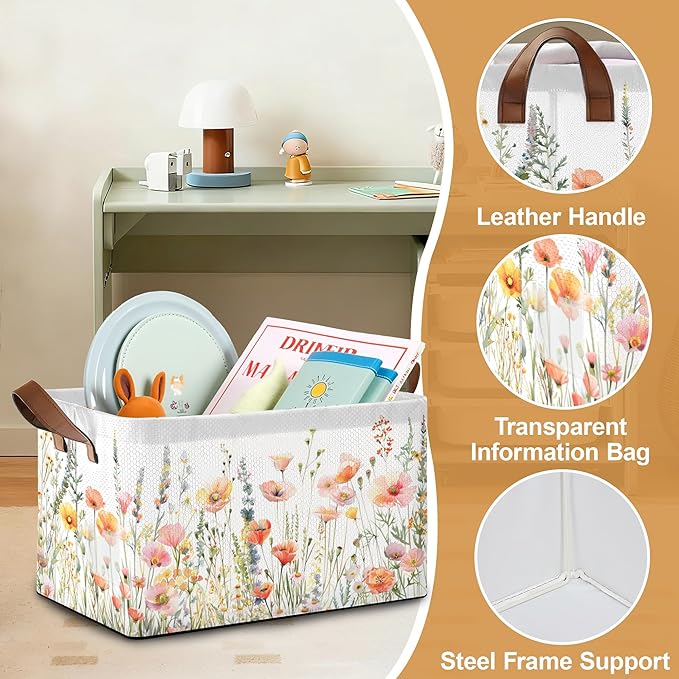 32L Large Storage Bins with Handles, Basket Organizer for Shelves, Closet, Books, Laundry & Home Decor (Flower Cluster)