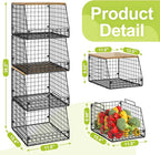 4 Pack Stackable Wire Baskets with Fixed Wooden Top, Vegetable Fruit Storage Bins for Onion Potato Snack, Pantry Baskets for Kitchen Cabinet Countertop, Pantry Organizers and Storage Rack