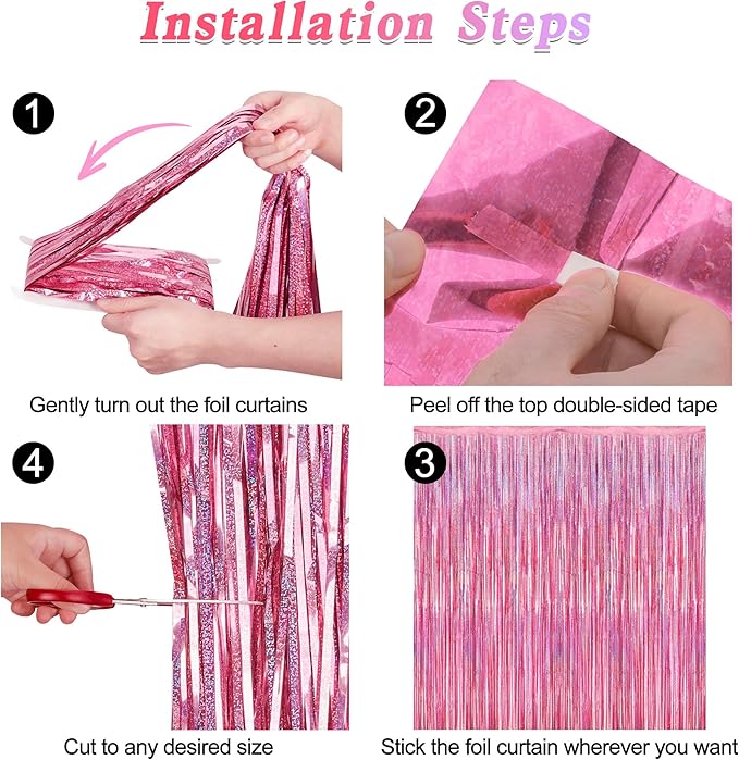 4 Pack Pink Backdrop, 3.28 FT x7.05 FT Foil Fringe Curtains, Metallic Glitter Pink Streamer Fringe Backdrop Foil Curtains, Laser Pink Birthday Party Valentines Day Decorations Bachelorette Decor
