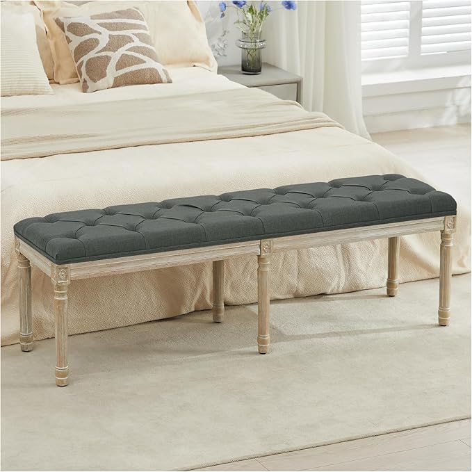 LOULENS 57.7" Linen Fabric End of Bed Bench, French Upholstered Button Tufted Bench for Bedroom End of Bed, Window Seat with Carved Wood Legs for Bedroom, Living Room, Entryway, Dark Grey