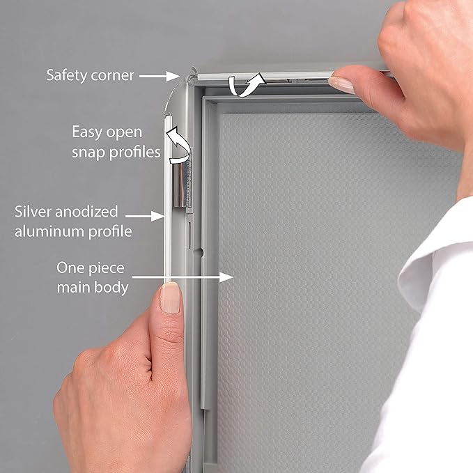 M&T Displays Opti Snap Poster Frame 11x17 Inch Silver 1" Aluminum Profile Front Loading Wall Mounting Photo Picture Document Certificate Sign Holder Mitered Corner Anti Glare Cover (10 pack)