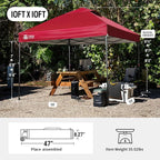 CROWN SHADES 10x10 Pop Up Canopy Tent - Patented Center Lock One Push Instant Outdoor Canopy Beach Tent with STO-N-Go Bag 8 Stakes & 4 Sand Bags，Red