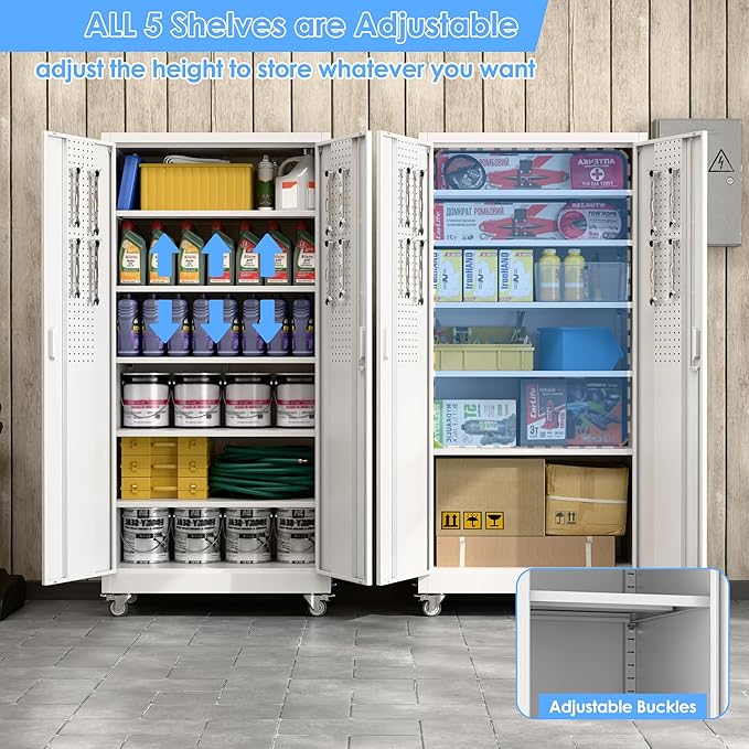 Garage Storage Cabinet with Wheels & Pegboard, 71" H x 34" W x 18" D Locking Metal Storage Cabinet with 2 Doors and 5 Adjustable Shelves for Garage Workshop Home, White, Assembly Required