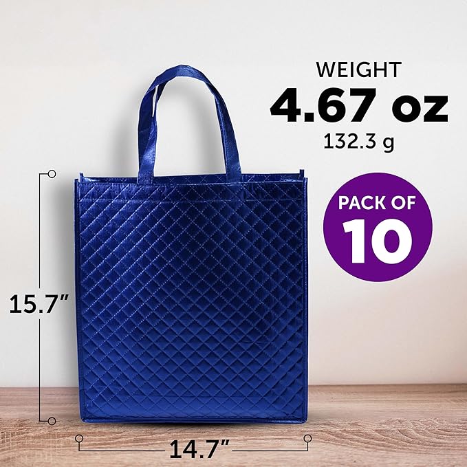 DISCOUNT PROMOS Luxurious Laminated Tote Bags Set of 10, Bulk Pack - Reusable, Great for Shopping, Beach, Wedding Favors - Royal Blue