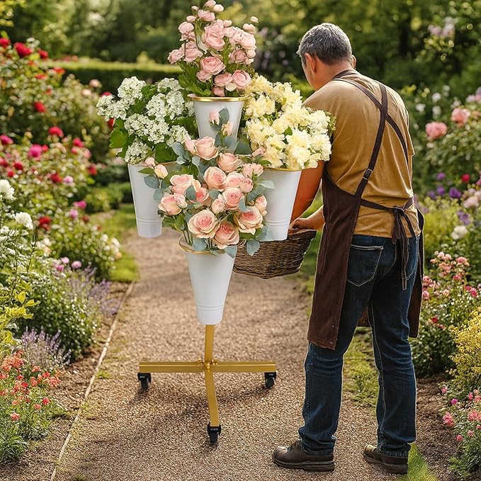 DYALE Flower Display Stand with Buckets - Flower Cart with Wheels for Bouquet Shop, Metal Flower Rack Display Stand for Wedding Garden, Party, Events (Gold, Round buckets)
