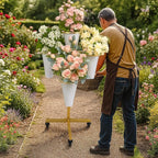 DYALE Flower Display Stand with Buckets - Flower Cart with Wheels for Bouquet Shop, Metal Flower Rack Display Stand for Wedding Garden, Party, Events (Gold, Round buckets)