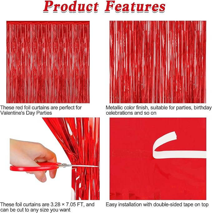 4 Pack Red Backdrop, 3.28 FT x 7.05 FT Party Streamer, Valentines Day Metallic Birthday Tinsel Backdrop Foil Fringe Curtains, Door Streamer for Red Party Decorations Casino Decor Photo Booth Props
