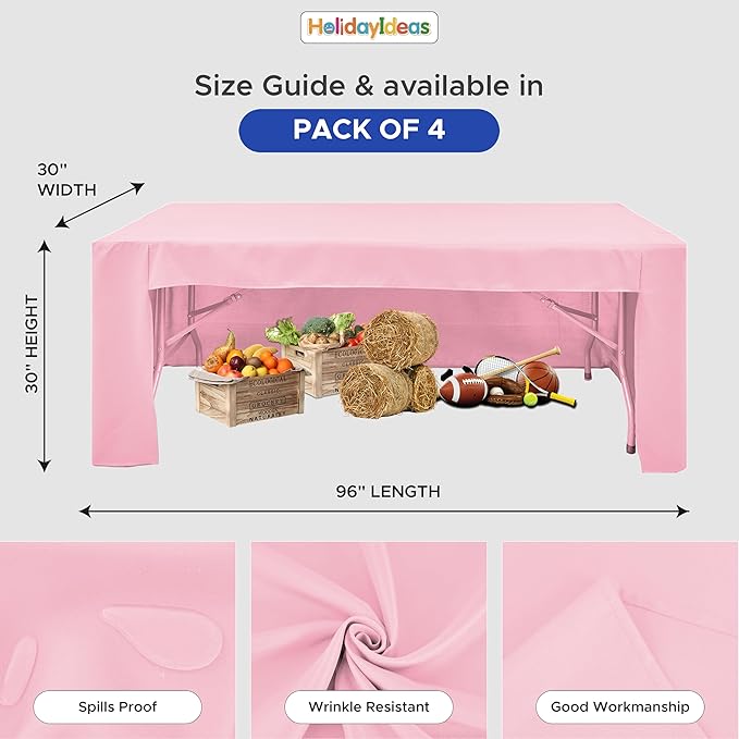 HolidayIdeas Open Back Fitted Tableclothss for 8 Foot Rectangle Table, Wrinkle Resistant Washable Table Covers 96x30 Inch for Craft Fairs, Banquets, Trade Show Display, Pink,4 Pcs