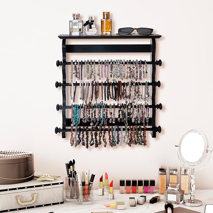 4-Tier Wall-Mounted Wooden Bracelet Holder – Black Jewelry Display with Storage Shelf, Hanging Organizer for Bracelets, Bangles, Watches, Necklaces & Accessories – Space-Saving Jewelry Rack for Home