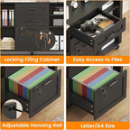 Semoic 3 Drawer Wood Lateral File Cabinet with Lock, Rolling Mobile Filing Cabinet with Open Storage Shelves, Printer Stand Office Storage Cabinet for Home Office Fits Files Legal/A4 Size, Black