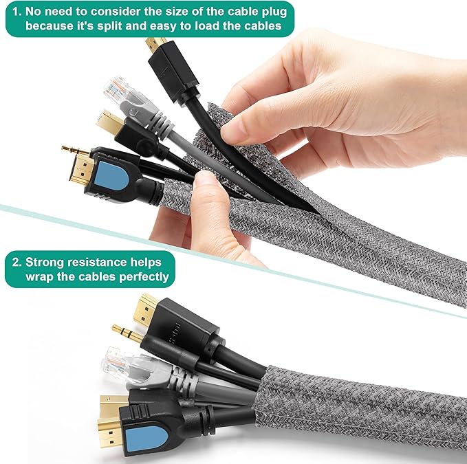 6.6ft - 1 inch Grey Cable Sleeve, Cable Organizer for Desk PC TV Computer, Wire Protector Cable Wrap Cover, Cord Management for Home Office