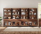 WAMPAT 4 PCS Modern 72" Tall Bookcase with 4 Drawers and Open Book Shelfs, Library Book Shelf with Storage Cabinet and Glass Doors, Wood Freestanding Bookshelves for Home Office, Living Room, Brown