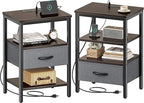 SUPERJARE Nightstand Set of 2, Bed Side Tables with Charging Station, Adjustable Fabric Drawer, Night Stand for Bedroom, 3-Tier Storage End Tables, Walnut, 8694NC