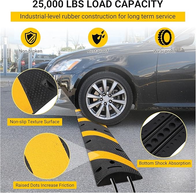 6 FT Heavy Duty Rubber Speed Bump 2-Pack, Driveway Cable Protector Ramp with Installation Bolts for Parking Lots, Garage & Gravel Roads