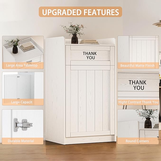 40 Gallon Trash Can Cabinet, Wooden Restaurant Trash Can with Tray Holder, Large Commercial Garbage Cabinet for Restaurant Cafeteria Office, White