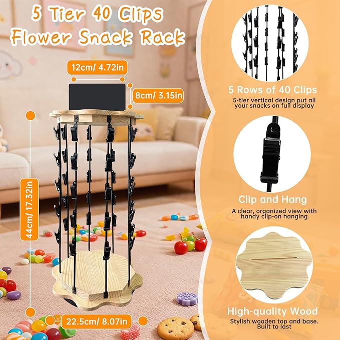 Chip Rack Display Stand 360° Rotating 5 Tiers 40 Clips Bar Snack Organizer Retail Display Rack Wooden Base Candy Holder for Concession Stand Countertop Party Store With Message Board (Flower)