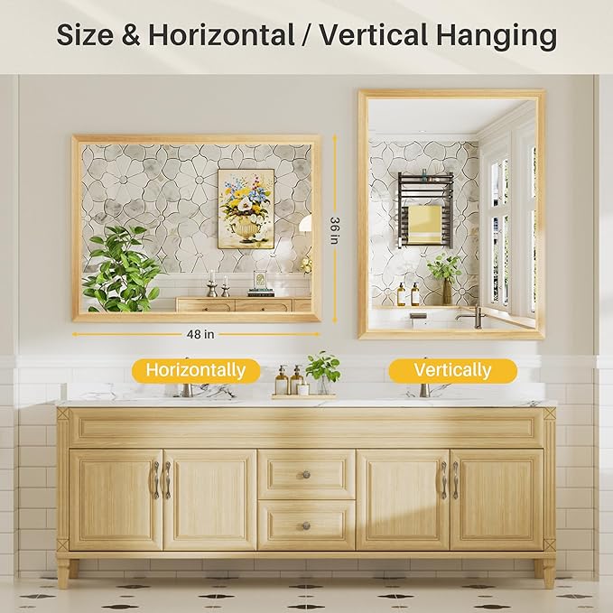 48x36 Inch Bathroom Mirror for Wall, Anti-Rust Oak Wood Grain Metal Framed Bathroom Mirrors for Over Sink,Rectangler Mirrors for Bathroom Vanity, Farmhouse, Bedroom, Living Room, Entryway Decor