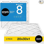 Simply 20x30x1 Air Filter, Merv 8, 6 Pack, For Home AC Furnace & HVAC (Actual Size: 19.94"x29.94"x0.75") DUST, Pet & Allergy Control,