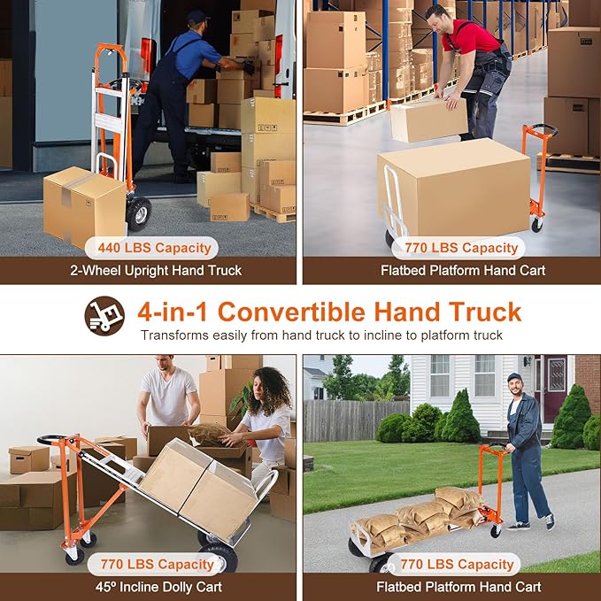 4-in-1 Convertible Hand Truck Dolly Cart, 770 lbs Heavy Duty Folding Hand Truck with 10" Solid Wheels, Aluminum Portable Dolly Hand Cart for Moving, Office, Home & Warehouse Use