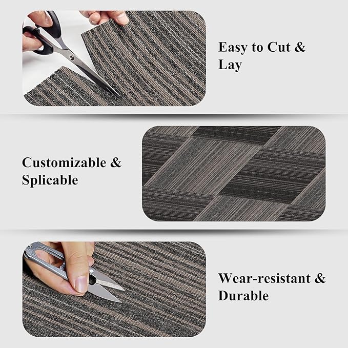 24 Tiles 20 X 20 Inch Carpet Tiles Floor, Carpet Squares for Living Room Bedroom Office, Stripe Light Grey (64.5 Sq.Ft per Box)