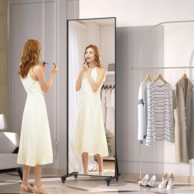 ANYHI Full Length Mirror with Wheels, 360° Swivel Full Body Rolling Mirror, 23.6"*74.5" Sturdy Standing Floor Mirror for Home Gym, Bedroom, Yoga & Dance Studio