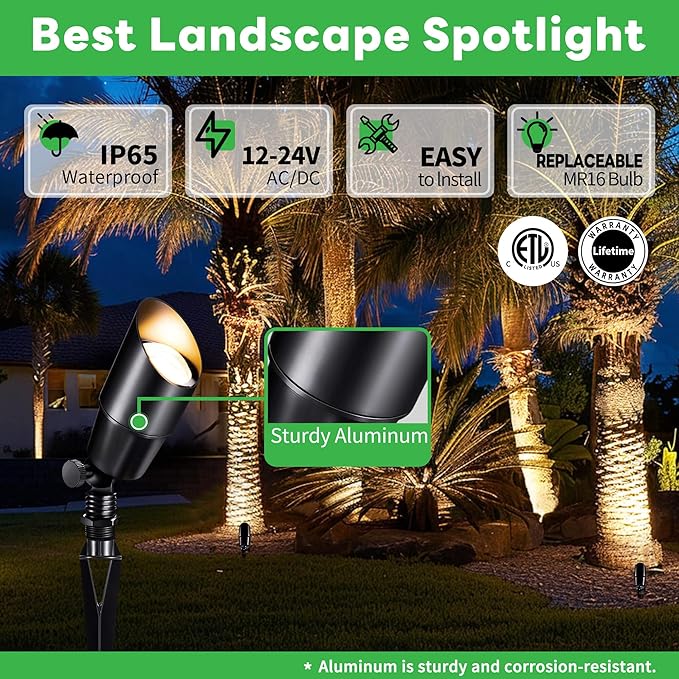 LED Outdoor Spotlights Kit, with 6 Pack Black Low Voltage Waterproof Spot Light and 100FT Cable and 30 Wire Connectors, Aluminum Landscape Lights for Porch Backyard, Without Transformer
