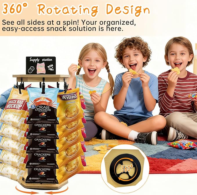 Chip Rack Display Stand 360° Rotating 5 Tiers 40 Clips Bar Snack Organizer Retail Display Rack Wooden Base Candy Holder for Concession Stand Countertop Party Store With Message Board (Octagon)