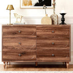 6 Drawer Dresser for Bedroom, 47" Wide Mid-Century Chest of Drawers with Solid Wood Legs, Dark Walnut Wood Dresser with 6 Storage Drawers for Bedroom, Living Room, TV Stand