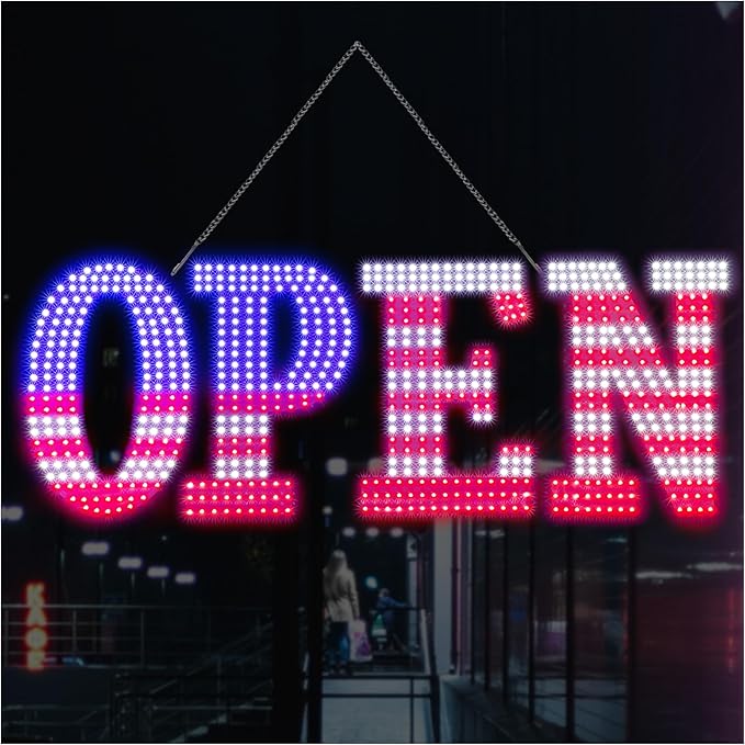 Open Signs for Business,30x10 inch USA Flag Open Sign Led for Window Wall Door w/Remote Control Bar Cafe Salon Barber Resturant Retail Store