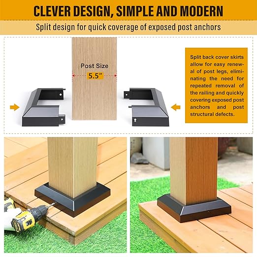 5.5"x5.5"（Actual: 5.5"x5.5"） Deck Post Base Cover Decorative Post Base Trim Skirt Black Aluminum 4Pack