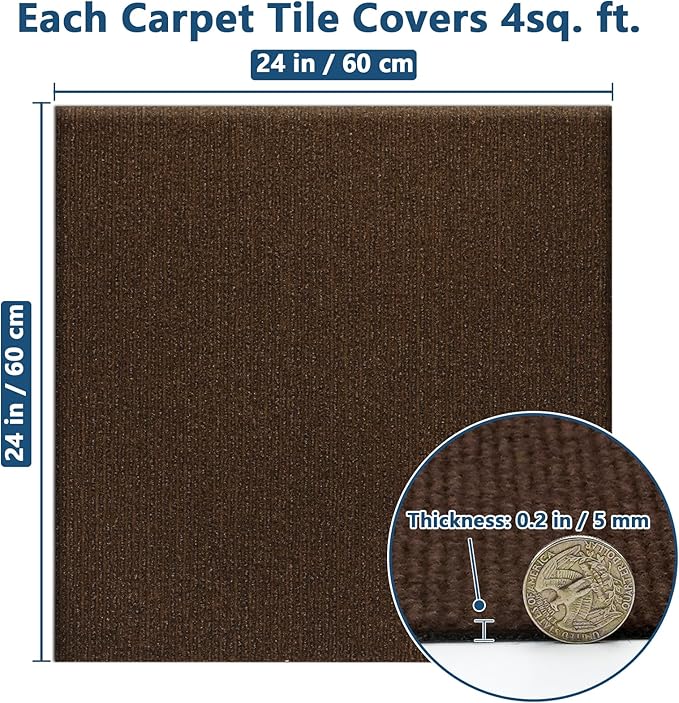 Carpet Tiles Peel and Stick 24” x 24”, Self Adhesive Soft Padded Flooring Stickers, Brown Home Decor for Bedroom Living Room Office, 10 Tiles & 40 sq ft per Box