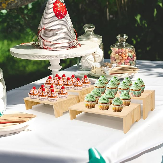 Display Riser Wood Risers Cupcake Stand 2 Tier Racks Decorative Rectangular, 2 Set 4 Pieces Cologne Perfume Organizer Dessert for Vendors Event