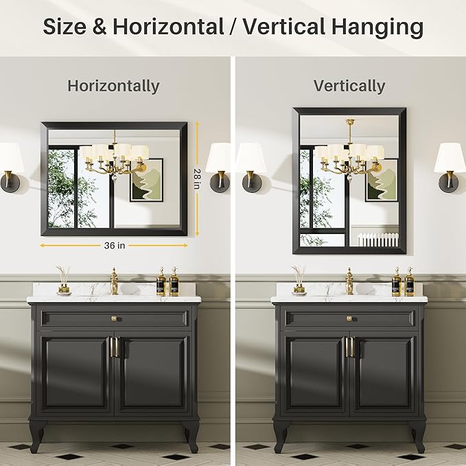 28x36 Inch Black Bathroom Mirror for Wall, Thick Metal Framed Rectangle Mirrors for Over Sink, Bedroom, Living Room, Entryway, Anti-Rust, HD Tempered Glass