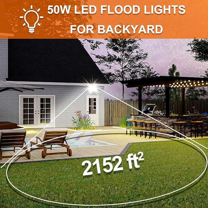 XXBSAZ 2 Pack 50W LED Flood Lights Outdoor, 8,500LM Plug-in Hardwire Work Light IP66 Waterproof - 6500K Daylight Bright for Yard, Garage, Stadium