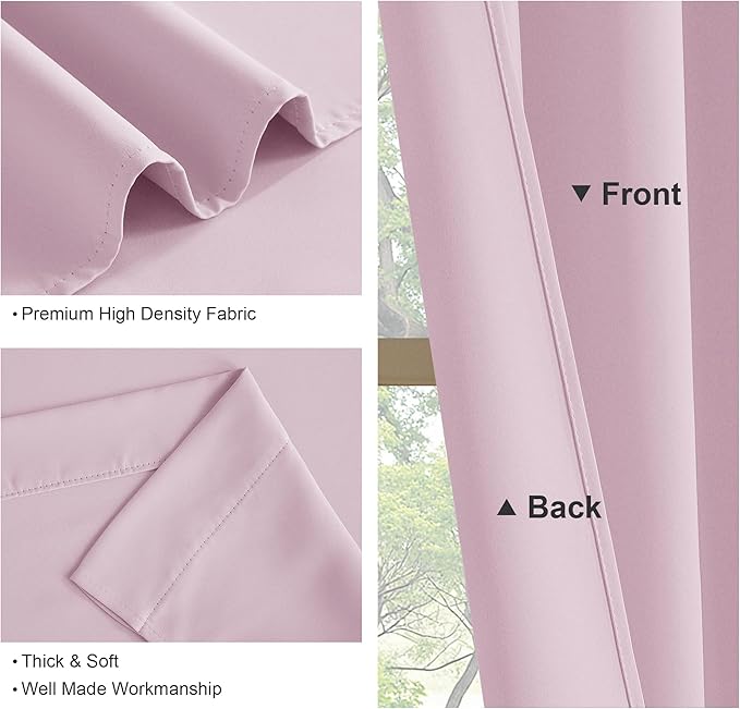 PONY DANCE Room Darkening Curtains - Kitchen Solid Thermal Draperies Rod Pocket Short Panels Drapes for Bedroom Window Treatments, 52 W by 54-inches L, Light Pink, Set of 2