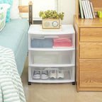 3 Drawer Wide Plastic Storage Cart with Clear Pull-Out Drawers & 4 Wheels - Medium Home Organization Container for Classroom Bathroom Dorm Bedroom Laundry Room (White)
