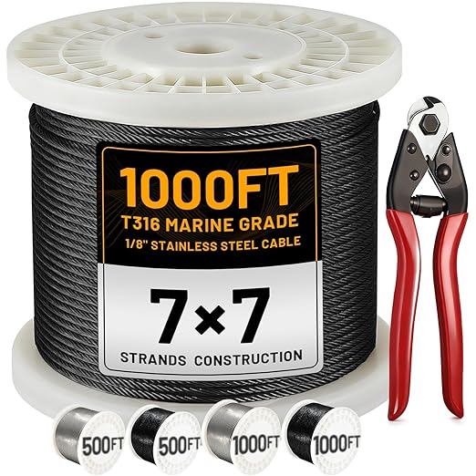 AHEONLAR 1000FT 1/8" T316 Stainless Steel Cable for Railing,7x7 Wire Rope with Cutter,1850 lb Breaking Strength,Deck Stair Fence Hardware Kit for Indoor Outdoor Use,Black