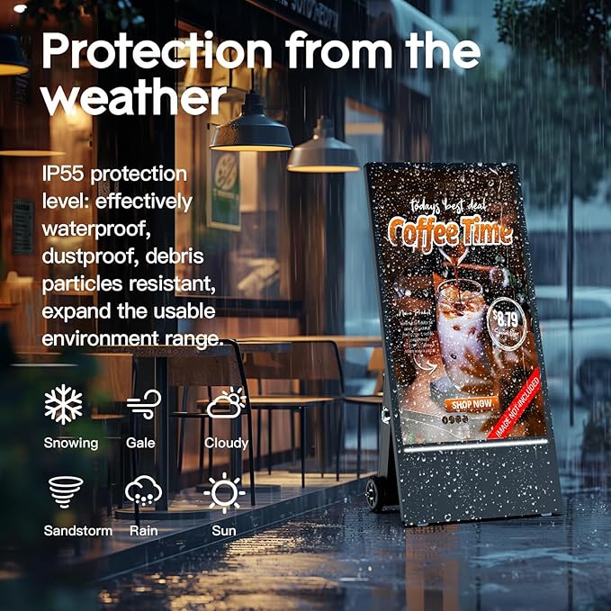 MWE 43 Inch Outdoor Digital Signage Display, Portable Battery Powered High Brightness Screen Advertising Display Kiosk, Movable Waterproof Standing Poster, Android OS