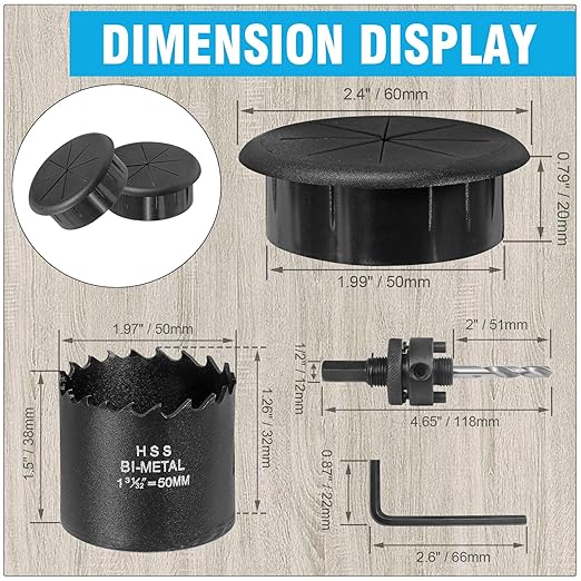 2" Black Desk Grommet, JTemgle Flexible Cable Grommet with Bi-Metal Hole Saw Rubber Cable Hole Cover Wire Organizer Caps Desktop Cord Management for Home Office TV Stands Tabletops, 7 Pieces