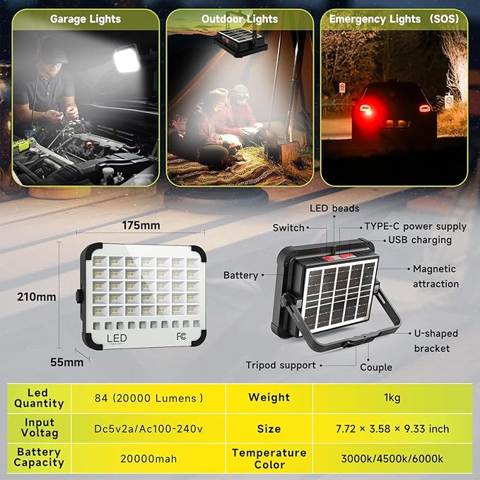 200W LED Solar Work Light, Sinear 20000LM Magnetic Portable Light, 20000mAh Rechargeable with 5 Modes, IP66 Waterproof for Outdoor Camping, Car Repair, Building, Workshop, Garage, Emergency