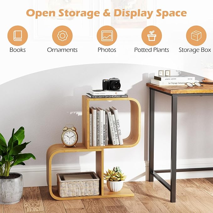 Giantex S-Shaped Bookcase Set of 2, 2-Tier Bamboo Bookshelf with 2 Open Cubes, Geometric Corner Display Shelf, Decorative Storage Organizer, Floor Storage Rack for Living Room, Home Office, Natural