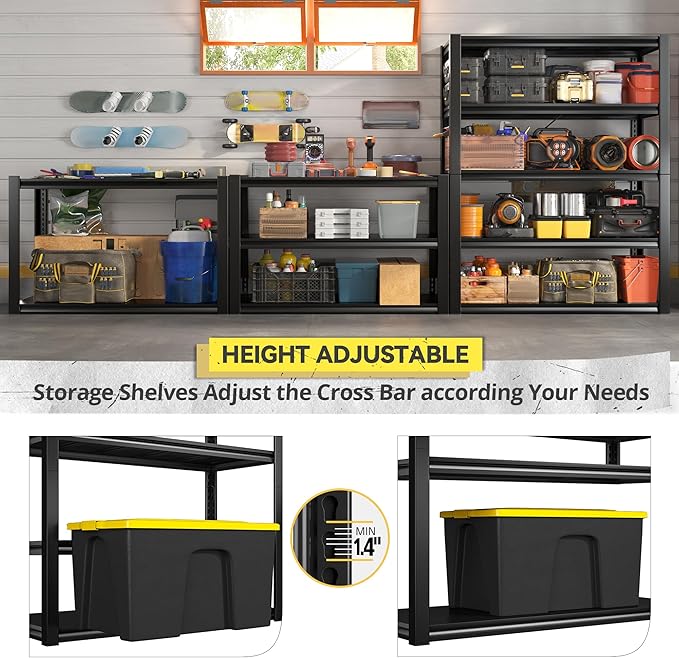 REIBII 2500LBS Garage Shelving 72" H Storage Shelves 39.8" W Metal Shelving Adjustable Garage Storage Shelves 5 Tier Heavy Duty Shelf for Basement Pantry Kitchen Warehouse