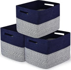 3 Pack Shelf Woven Storage Basket, 15 x 10 x 9” Closet Rope Baskets For Organizing, Square Bins with Handles, Grey+Blue