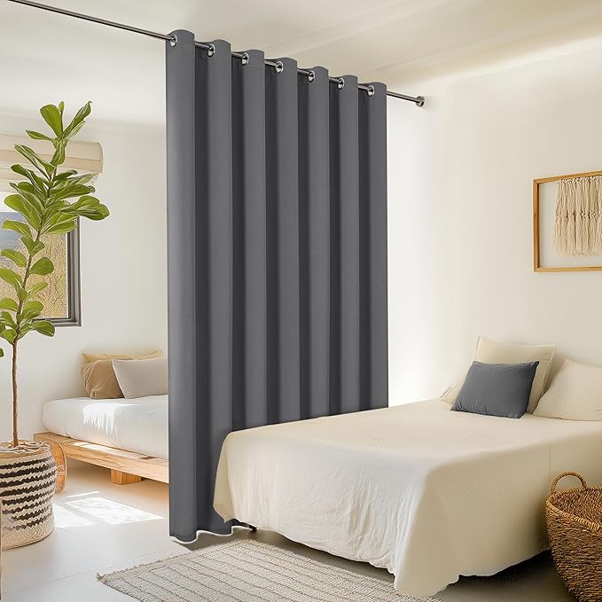 ChrisDowa Room Divider Curtain 90 Inches Long, Wide Blackout Sliding Door Curtain for Bedroom, Room Darkening Privacy Window Drape for Patio Door (1 Panel Set, Grey, 100 x 90 Inch)