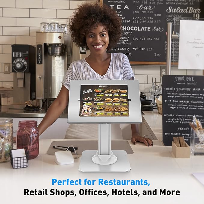 AboveTEK Anti-Theft iPad Kiosk Stand – POS iPad Security Stand & Locking Tablet Holder – Heavy Duty Base, 360° Swivel, 75° Tilt Bracket – Perfect for Retail Business (White)
