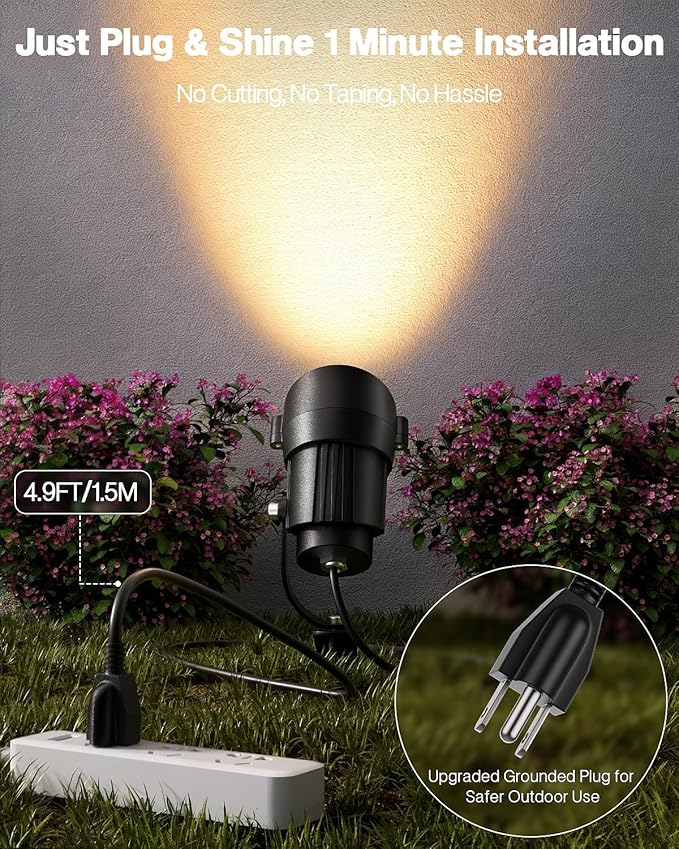 HIBOITEC 12W Spot Lights Outdoor 120V Landscape Lighting Waterproof Spotlight with 4.9ft 3-Plug LED Plug in Landscape Lights for Yard Gardern Decorations 2900K 4Packs