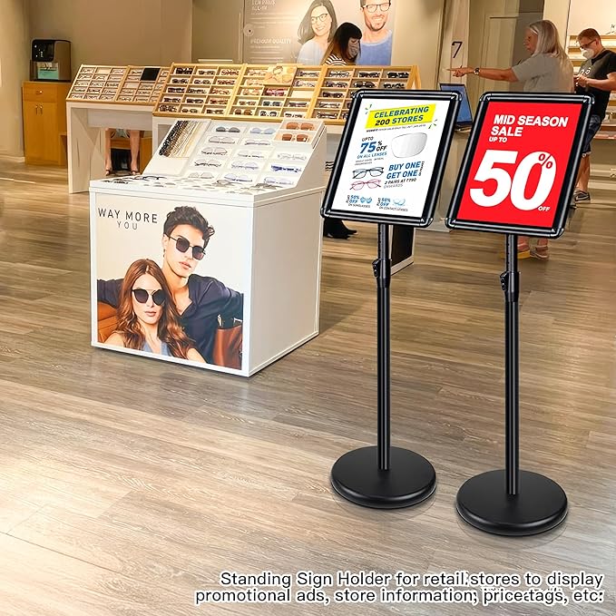 6 Pack Sign Stand for Display - Adjustable 8.5x11 Inch Floor Standing Sign Holder, Pedestal Poster Stand for Vertical&Horizontal View, Indoor&Outdoor Use for Business, Mall, Restaurant - Black